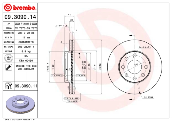 A.B.S. 09.3090.11 BREMBO COATED DISC LINE Bremsscheibe