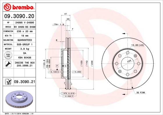 A.B.S. 09.3090.21 BREMBO COATED DISC LINE Bremsscheibe