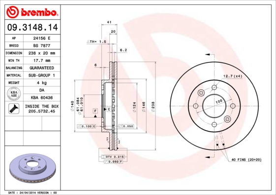 A.B.S. 09.3148.14 BREMBO Bremsscheibe