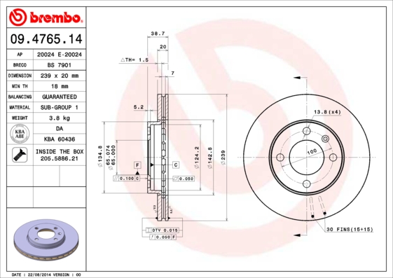 A.B.S. 09.4765.14 BREMBO Bremsscheibe