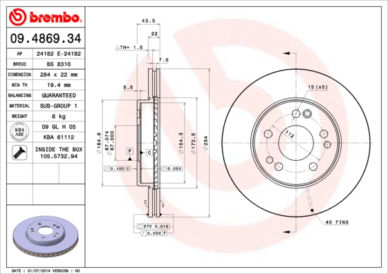 A.B.S. 09.4869.34 BREMBO Bremsscheibe