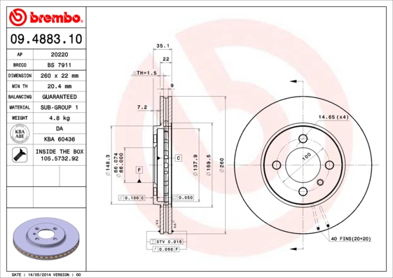 A.B.S. 09.4883.10 BREMBO Bremsscheibe