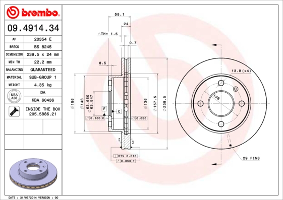 A.B.S. 09.4914.34 BREMBO Bremsscheibe