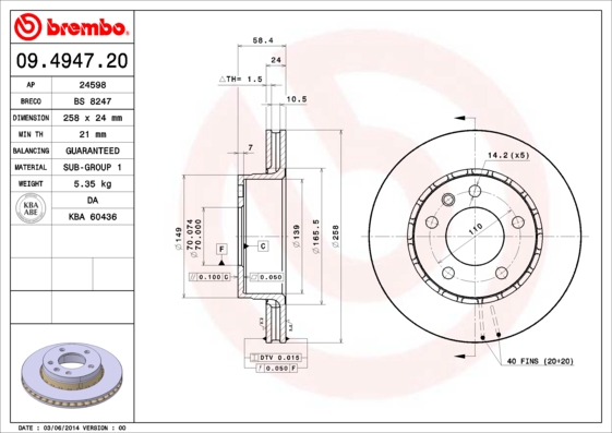 A.B.S. 09.4947.20 BREMBO Bremsscheibe