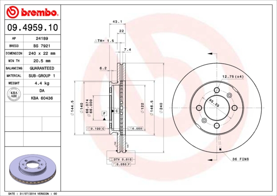 A.B.S. 09.4959.10 BREMBO Bremsscheibe