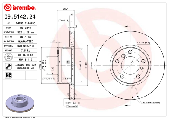 A.B.S. 09.5142.24 BREMBO Bremsscheibe