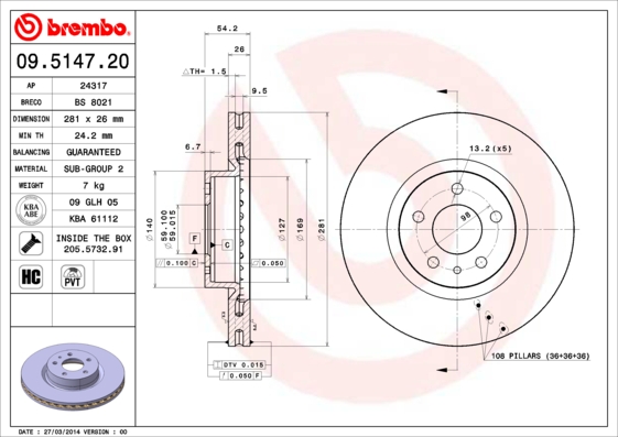 A.B.S. 09.5147.20 BREMBO Bremsscheibe