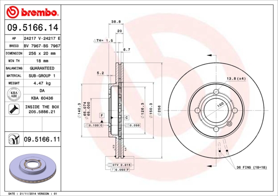 A.B.S. 09.5166.11 BREMBO COATED DISC LINE Bremsscheibe