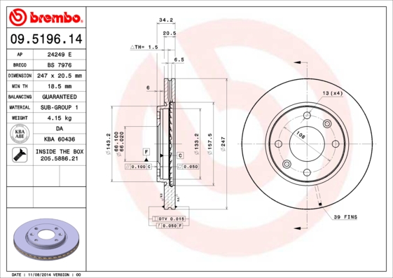 A.B.S. 09.5196.11 BREMBO COATED DISC LINE Bremsscheibe