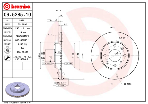 A.B.S. 09.5285.11 BREMBO Bremsscheibe