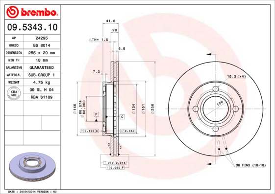 A.B.S. 09.5343.10 BREMBO Bremsscheibe