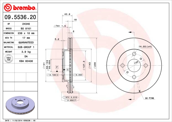 A.B.S. 09.5536.20 BREMBO Bremsscheibe