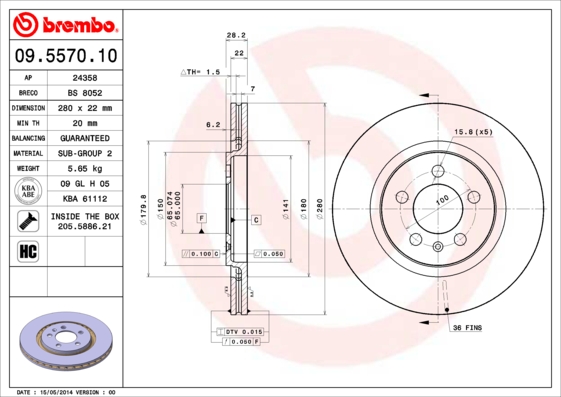 A.B.S. 09.5570.10 BREMBO Bremsscheibe
