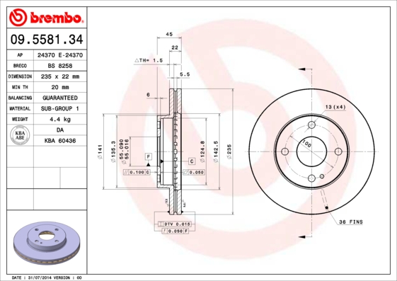 A.B.S. 09.5581.34 BREMBO Bremsscheibe