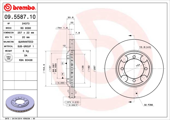 A.B.S. 09.5587.10 BREMBO Bremsscheibe