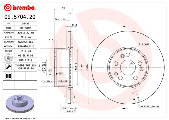A.B.S. 09.5704.20 BREMBO Bremsscheibe