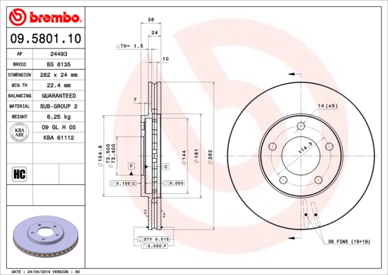 A.B.S. 09.5801.10 BREMBO Bremsscheibe