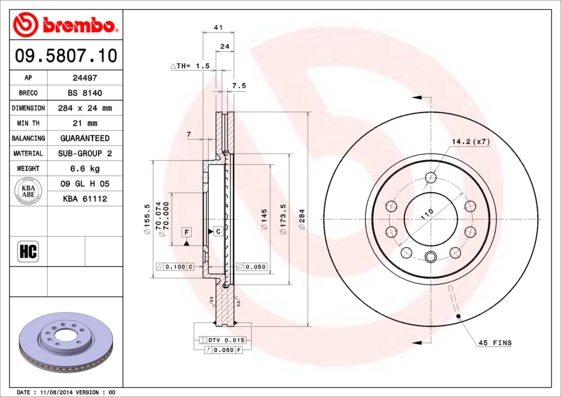 A.B.S. 09.5807.10 BREMBO Bremsscheibe