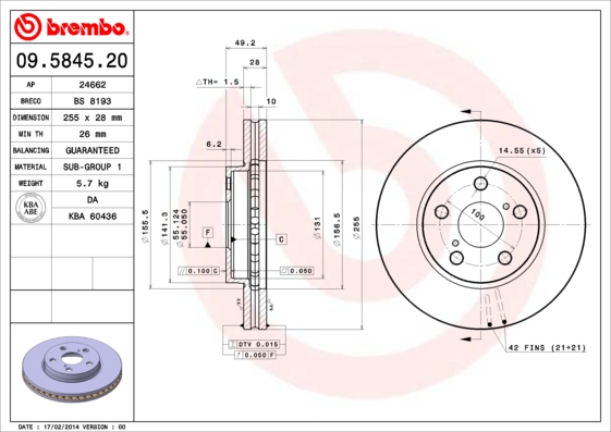 A.B.S. 09.5845.20 BREMBO Bremsscheibe