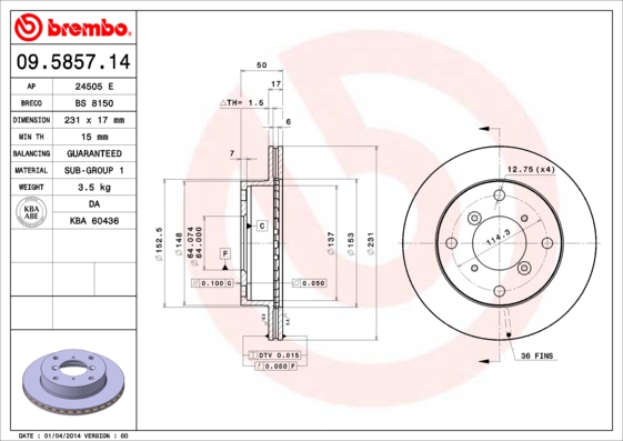 A.B.S. 09.5857.14 BREMBO Bremsscheibe