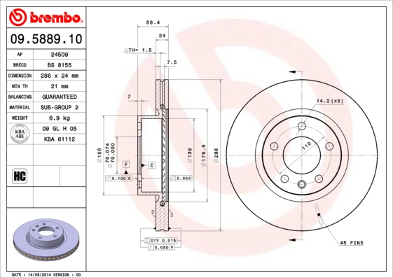 A.B.S. 09.5889.10 BREMBO Bremsscheibe
