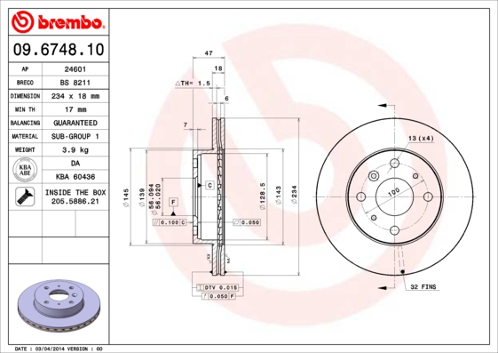 A.B.S. 09.6748.10 BREMBO Bremsscheibe