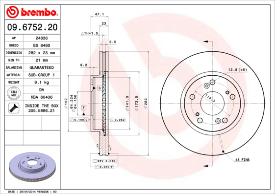 A.B.S. 09.6752.20 BREMBO Bremsscheibe