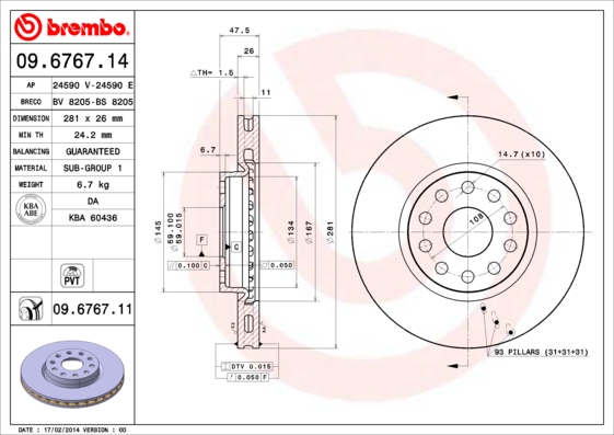 A.B.S. 09.6767.11 BREMBO COATED DISC LINE Bremsscheibe