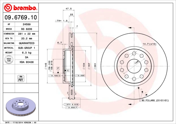 A.B.S. 09.6769.10 BREMBO Bremsscheibe