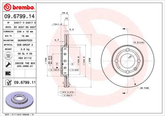 A.B.S. 09.6799.11 BREMBO COATED DISC LINE Bremsscheibe