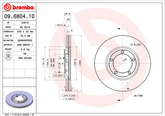 A.B.S. 09.6804.10 BREMBO Bremsscheibe