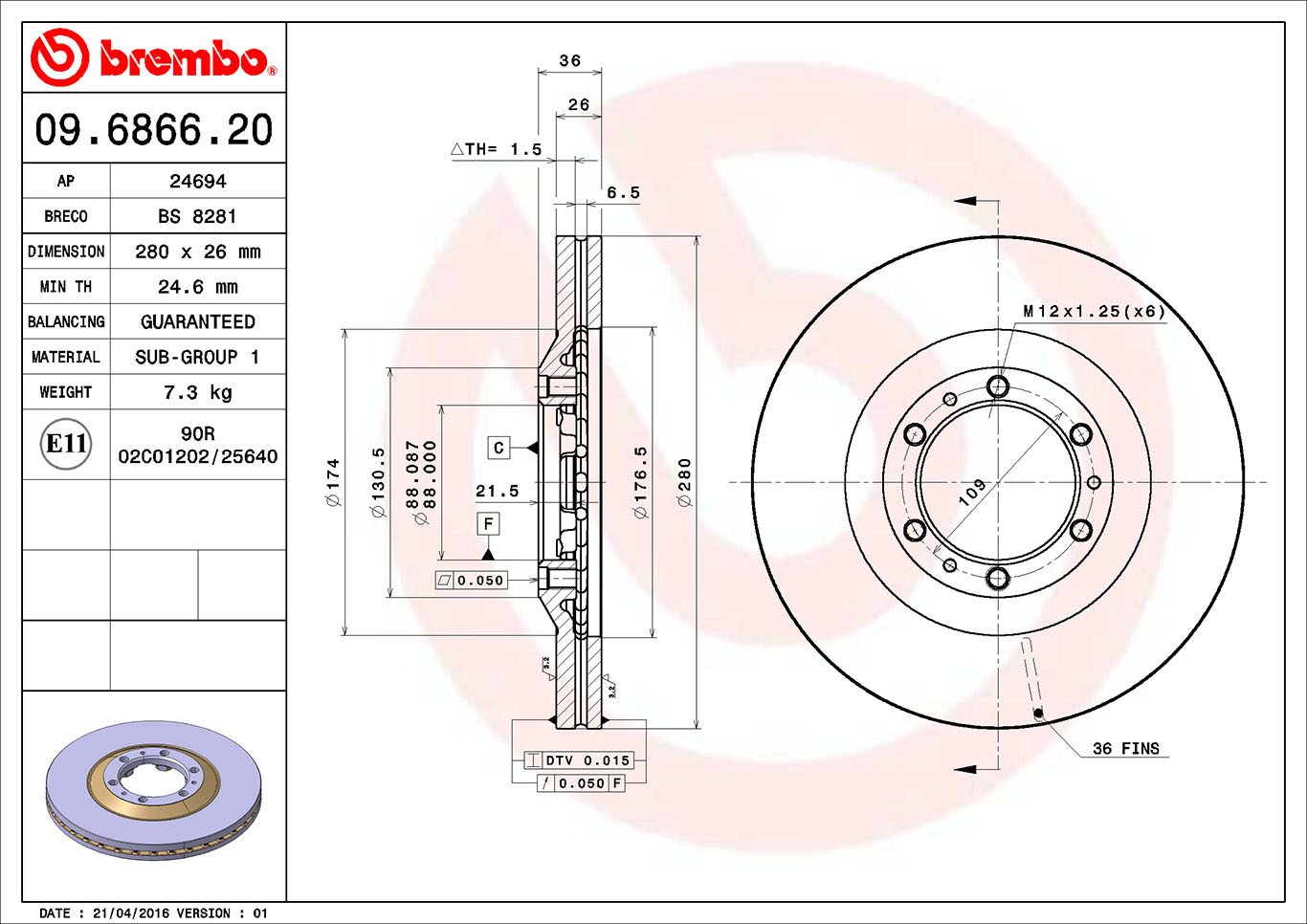 A.B.S. 09.6866.20 BREMBO Bremsscheibe
