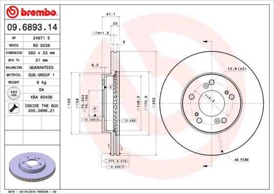A.B.S. 09.6893.11 BREMBO Bremsscheibe