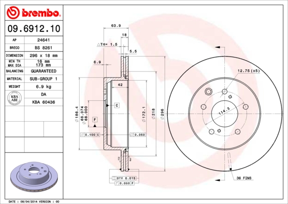 A.B.S. 09.6912.10 BREMBO Bremsscheibe