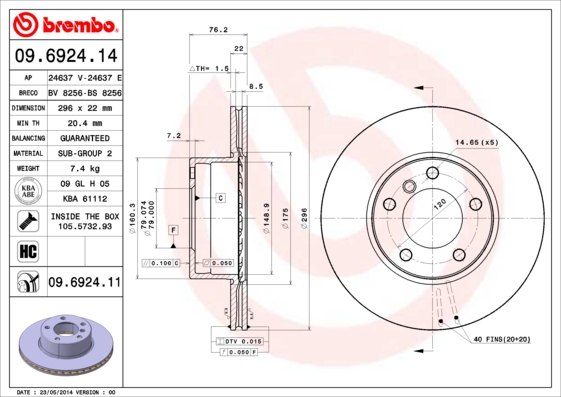 A.B.S. 09.6924.11 BREMBO COATED DISC LINE Bremsscheibe