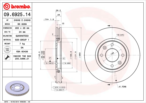 A.B.S. 09.6925.14 BREMBO Bremsscheibe