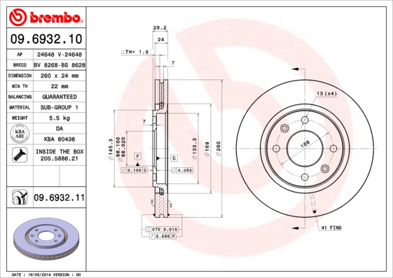 A.B.S. 09.6932.11 BREMBO COATED DISC LINE Bremsscheibe