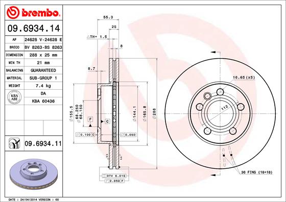 A.B.S. 09.6934.11 BREMBO COATED DISC LINE Bremsscheibe