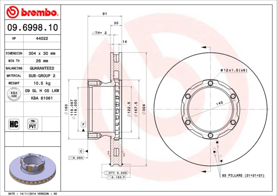 A.B.S. 09.6998.10 BREMBO Bremsscheibe