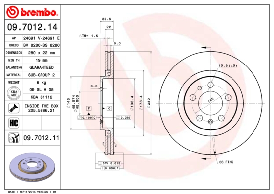 A.B.S. 09.7012.11 BREMBO COATED DISC LINE Bremsscheibe
