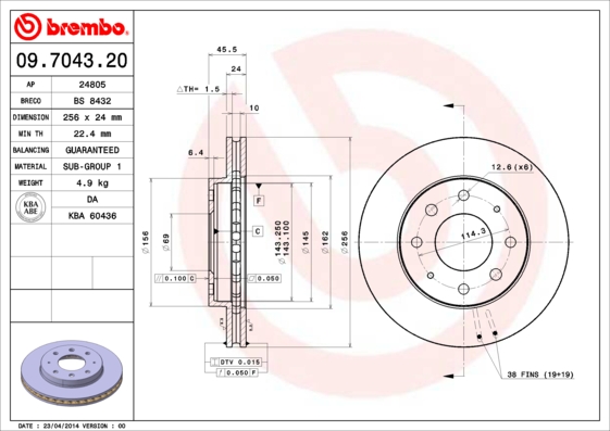 A.B.S. 09.7043.20 BREMBO Bremsscheibe