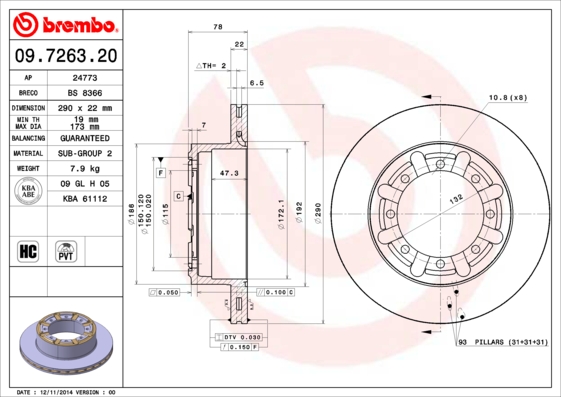 A.B.S. 09.7263.20 BREMBO Bremsscheibe