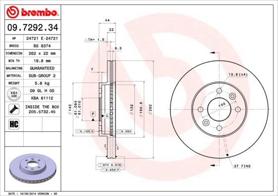 A.B.S. 09.7292.34 BREMBO Bremsscheibe