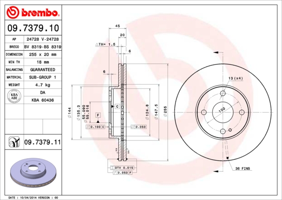 A.B.S. 09.7379.11 BREMBO COATED DISC LINE Bremsscheibe