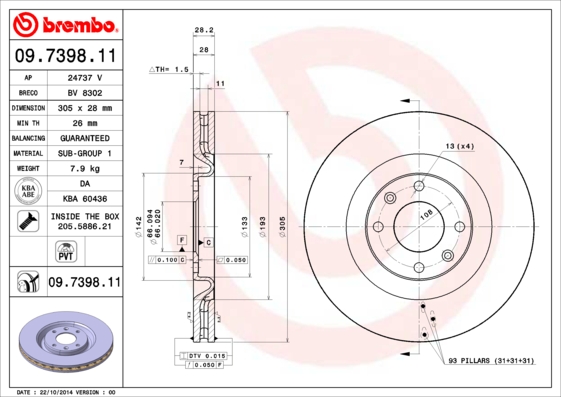 A.B.S. 09.7398.11 BREMBO COATED DISC LINE Bremsscheibe