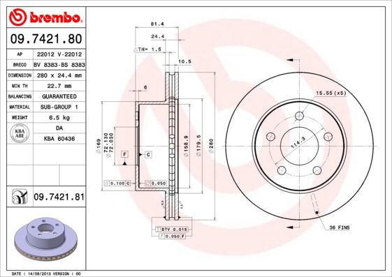 A.B.S. 09.7421.81 BREMBO COATED DISC LINE Bremsscheibe