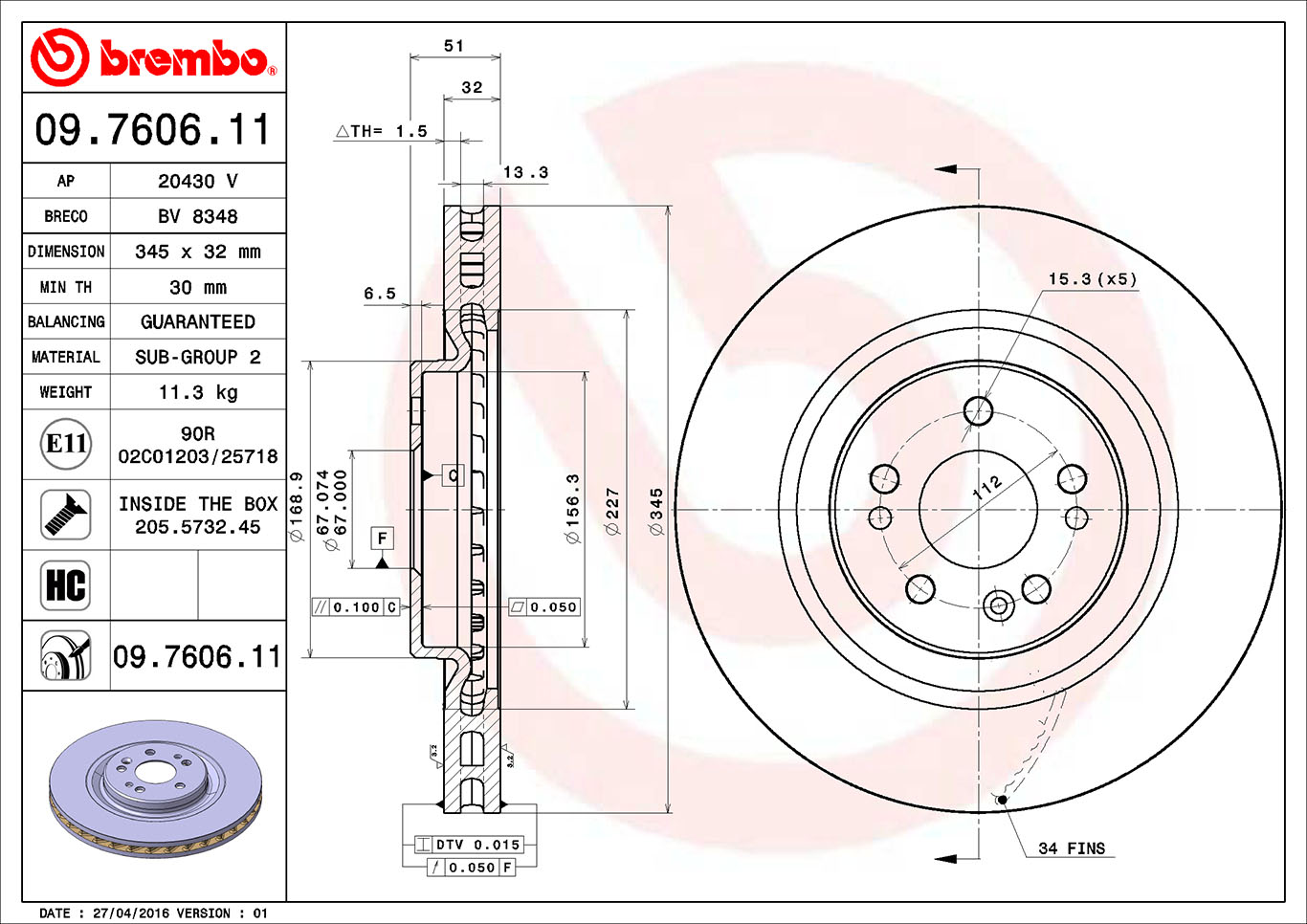 A.B.S. 09.7606.11 BREMBO COATED DISC LINE Bremsscheibe