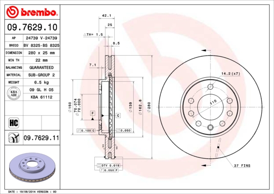 A.B.S. 09.7629.11 BREMBO COATED DISC LINE Bremsscheibe