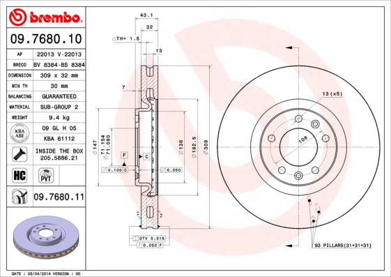 A.B.S. 09.7680.11 BREMBO COATED DISC LINE Bremsscheibe