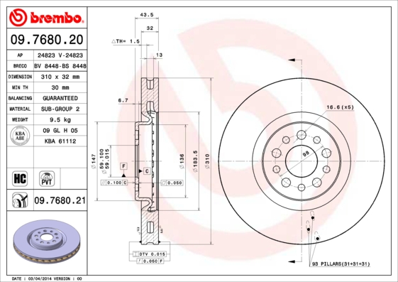 A.B.S. 09.7680.21 BREMBO COATED DISC LINE Bremsscheibe